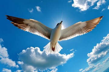 Fototapeta premium Bird soaring high above the clouds, wings spread wide as it glides effortlessly through the vast blue sky