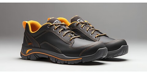 Pair of black leather safety shoes with orange accents and laces.
