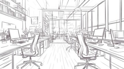 Fototapeta premium A hand-drawn sketch of a modern office space featuring rows of desks, chairs, and computers, symbolizing productivity, collaboration, and innovation.