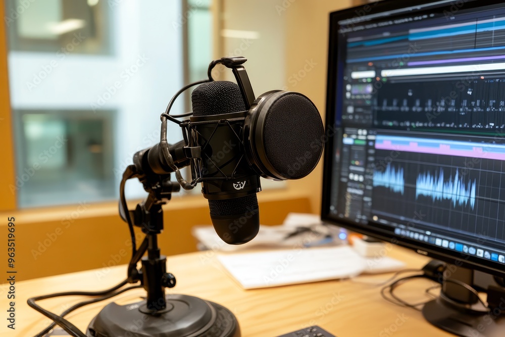 Poster a high-quality podcast studio setup featuring a professional microphone, a computer monitor displayi