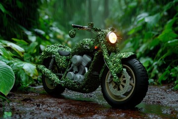 Chameleon on a camouflaged motorbike, blending into the jungle as it rides, invisible to the unsuspecting eye
