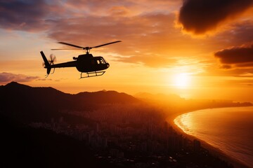 A helicopter silhouette flies over a coastal city at sunrise, with the sun rising over the horizon. The image symbolizes freedom, exploration, adventure, travel, and the beauty of nature.