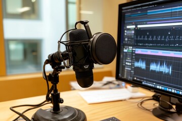 A high-quality podcast studio setup featuring a professional microphone, a computer monitor displaying audio editing software, and a desk with a notepad and pen. The image represents the process of cr
