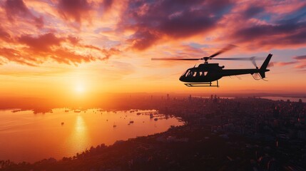 A helicopter flies over a coastal city at sunrise, showcasing the vibrant hues of the sky and the vast cityscape below.  This image symbolizes freedom, exploration, and the beauty of urban landscapes.