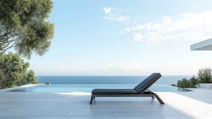 Fototapeta premium A Single Lounger by the Infinity Pool Overlooking the Ocean