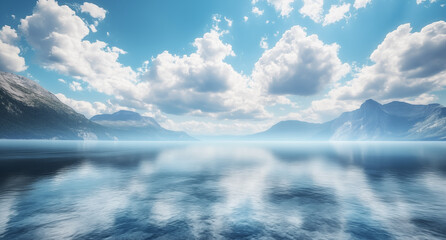 Fototapeta premium Tranquil Lake with Majestic Mountain Reflections and Cloudy Sky