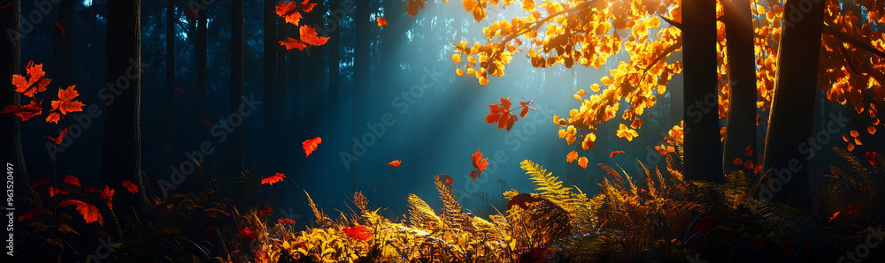 Poster a magical autumn forest scene, bathed in the soft light of dawn. sunlight filters through the trees,