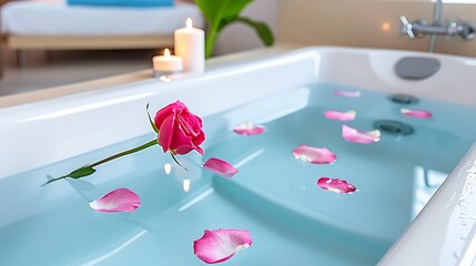 A relaxing bubble bath, with candles and rose petals floating in the water. Soft music plays in the background, and the warm, scented bath offers a perfect escape from the stress of daily life. 