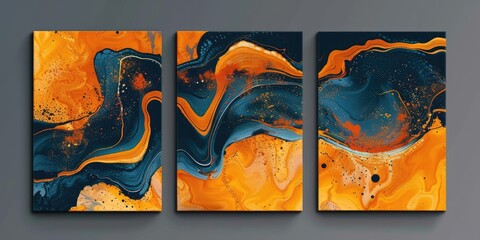 Cosmic Orange and Blue Fluid Wall Art Panels. AI generated illustration.