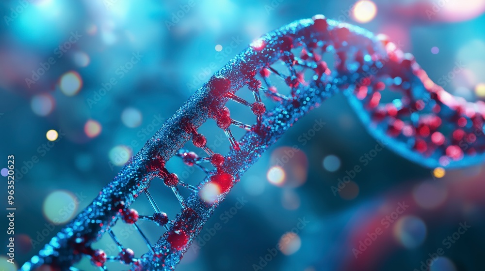 Poster a detailed, close-up view of a dna helix with red and blue colors. the background is blurred and has
