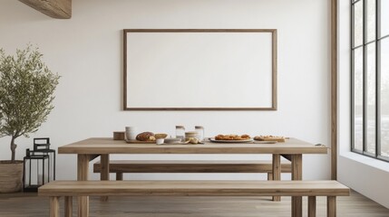 Minimalist Dining Room with Wooden Table and Bench