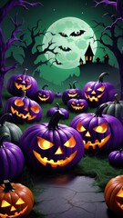 A spooky Halloween scene featuring purple and orange pumpkins against a full moon backdrop.