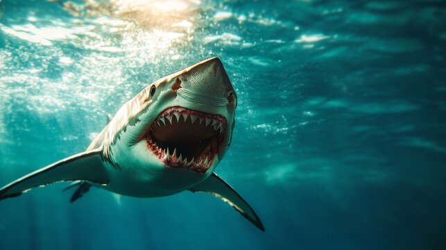 A majestic great white shark swims towards the camera with its mouth open, showcasing its powerful teeth and predatory instincts. The sunlight filtering through the water creates a dramatic backdrop, 