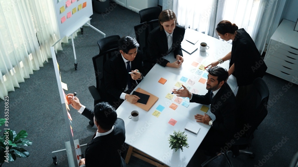 Poster top view of smart executive manager financial graph to diverse team while group of multicultural bus