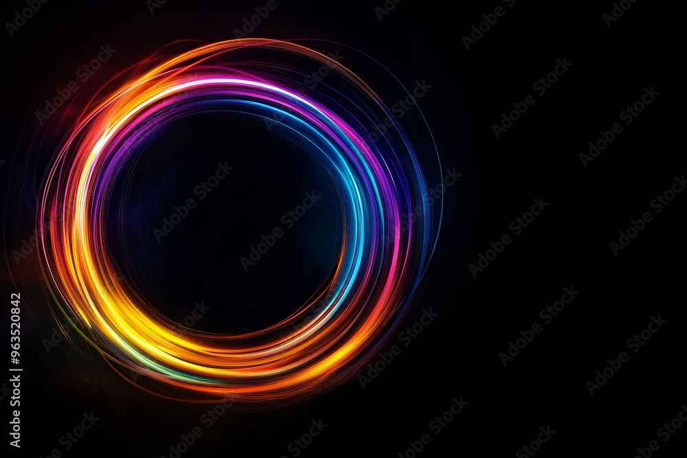 Poster a mesmerizing abstract image of a colorful circle with a black background. the swirling lines of lig