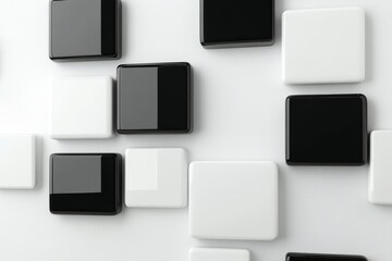A minimalist abstract background featuring black and white squares arranged in a dynamic pattern, symbolizing contrast, balance, simplicity, modern design, and geometry.