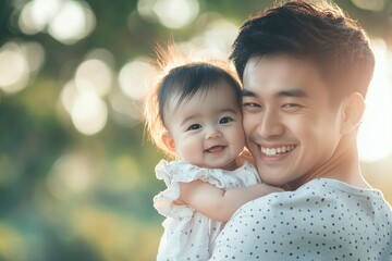 Fototapeta premium Asian father carry and hug adorable baby girl , happy family and father day concept .generative ai
