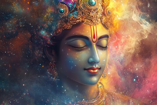 Lord Krishna depicted as Vishwaroop( cosmic form) showing the universe within him, with a radiant aura