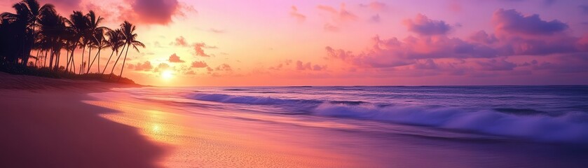 Fototapeta premium A panoramic sunset over a golden beach