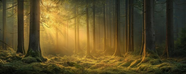 A serene forest landscape at dawn, with sunlight filtering through the tall trees, casting golden rays over a mosscovered forest floor, creating a tranquil nature wallpaper