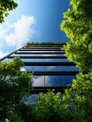A modern office building with a green roof and surrounding trees, showcasing sustainable and eco-friendly design in urban environments. This image symbolizes sustainability, nature integration, and ur