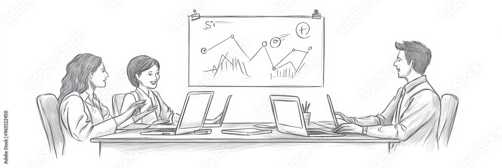 Poster a pencil sketch depicting a business team meeting around a table, analyzing data presented on a whit