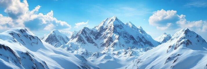 Fototapeta premium A panoramic view of snow-covered mountain peaks, reaching towards a cerulean sky adorned with fluffy white clouds. This image evokes a sense of grandeur, peace, and the untamed beauty of nature. It sy