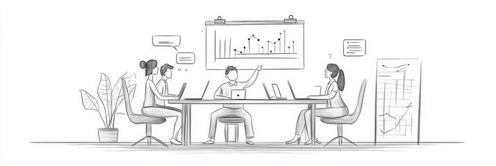 A pencil sketch illustration depicting a business meeting with four people brainstorming around a table. A whiteboard with a graph represents their ideas and progress.