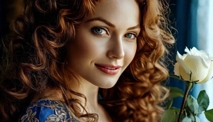Fototapeta premium A portrait of an elegant woman with curly red hair holding a white rose. Her serene smile and delicate features are complemented by a softly lit background, creating a warm and intimate atmosphere