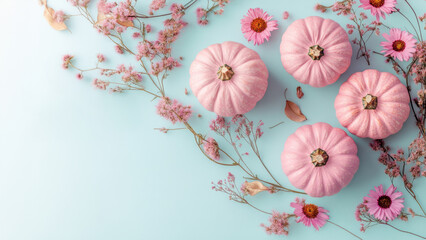 Flat-lay photo of pink pumpkin decor; blue background; modern Halloween/Thanksgiving style with dry leaves, flowers