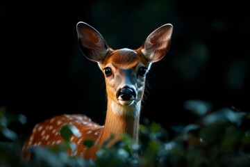 Deer moving gracefully through the trees, illuminated by the moonlight as it pauses to observe the quiet campsite, before disappearing into the woods