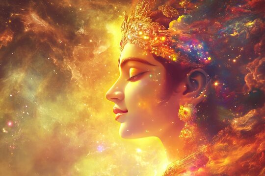 Lord Krishna depicted as Vishwaroop( cosmic form) showing the universe within him, with a radiant aura