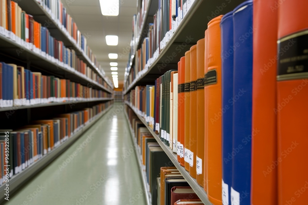 Poster a perspective view down a library aisle showcasing rows of books on shelves, symbolizing knowledge, 