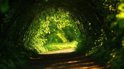 A picturesque pathway winds through a dense forest, where a canopy of vibrant green leaves creates a tunnel of natural beauty. The sunlight filters through the foliage, casting dappled shadows on the 
