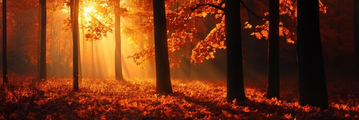 A picturesque scene of an autumn forest bathed in the warm glow of sunrise. The sunbeams pierce through the trees, illuminating the vibrant red and orange leaves on the forest floor. The mist creates 