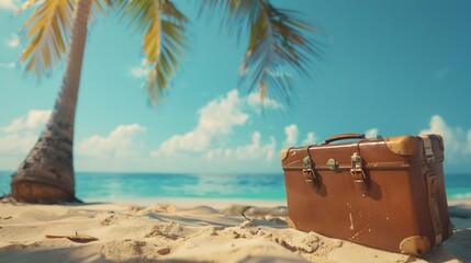 Vintage Suitcase on Tropical Beach with Palm Tree