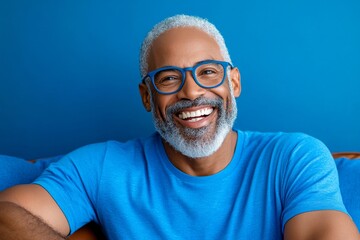 Obraz premium Elderly man laughing at a television show with his caregiver sharing in the moment, creating a lighthearted and joyful environment