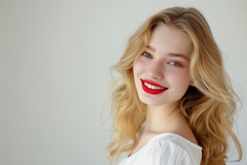 Fototapeta premium attractive BLOND YOUNG WOMAN WITH RED LIPS and big SMILE. generative ai