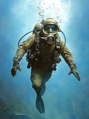 Fototapeta premium A scuba diver in full gear, ascending from the depths of the ocean, the sunlight filtering through the water creating a hazy, dreamlike effect. The image captures the thrill and serenity of underwater