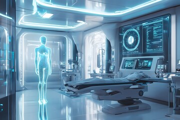 Futuristic medical room with a holographic human figure.