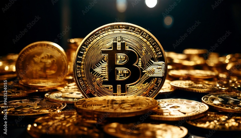 Poster a single bitcoin coin standing out on a background of other gold-colored coins. the image emphasizes