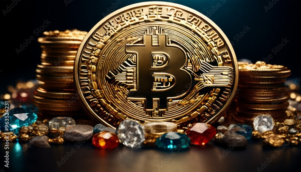 Poster a striking image featuring a golden bitcoin surrounded by colorful gems and coins, representing the 