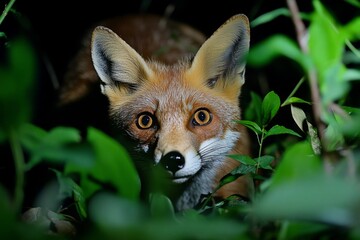 Fototapeta premium Fox sneaking through the underbrush, drawn to the smell of food near the campersâ€™ tents, moving silently under the moonlight