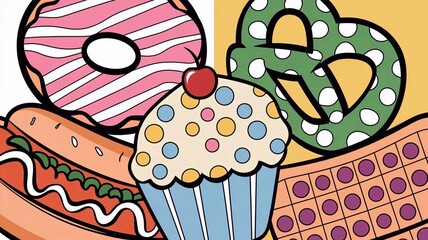 Adorable Patterned Cartoon Food and Dessert for Mobile Apps Social Media or Packaging Designs