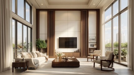 Fototapeta premium Modern Living Room with City View