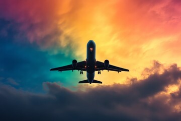 Fototapeta premium A silhouette of an airplane flying through a colorful rainbow sky, symbolizing travel, freedom, adventure, hope, and dreams.