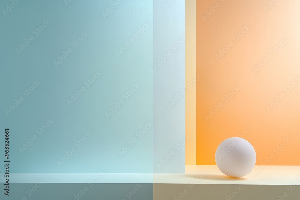 Poster a simple yet elegant image featuring a white sphere resting on a pale yellow platform against a back