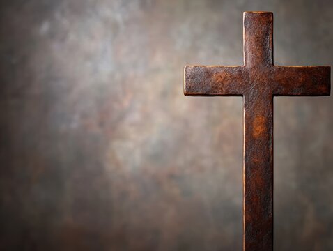 Close-up of a rusted metal cross on a textured background with space for copy.