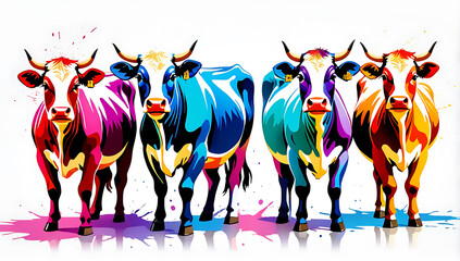 four cow each painted in a different array of bright, rainbow colors, with splashes of paint surrounding them, adding a dynamic and artistic feel