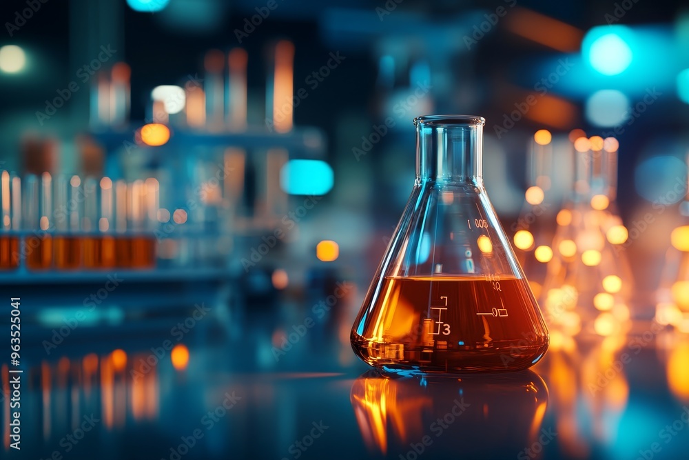 Poster a single erlenmeyer flask filled with a red liquid sits in the foreground of a laboratory setting. t